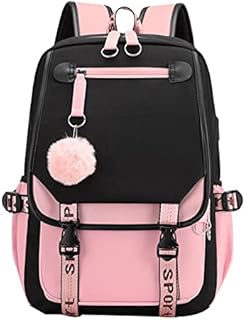 Teenage Girls' Backpack Middle School Students Bookbag Outdoor Daypack with USB Charge Port (21 Liters, Black Pink)