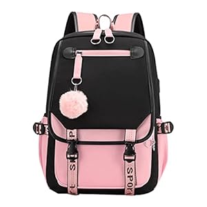 JiaYou Teenage Girls’ Backpack Middle School Students Bookbag Outdoor Daypack with USB Charge Port (21 Liters, Black Pink)
