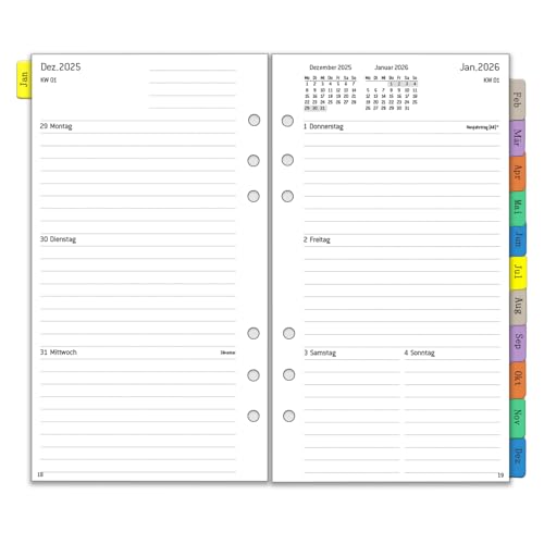 2026 Wochenplaner Einlage Personal A6, 6 Löcher, 1 Woche 2 Seiten mit Monatsübersicht, Passwort Notizen Kontakt, von Jan.26 bis Dez.26, 95x171mm, 100 GSM Nachfüllpapier, Kalendereinlage auf Deutsch