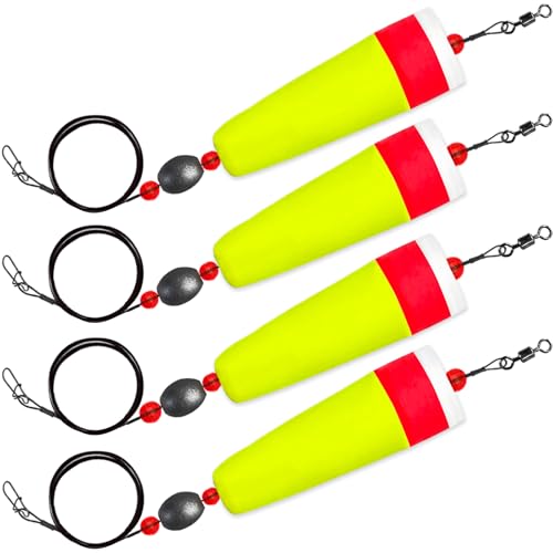 Sjyue 4PCS Weighted Fishing Bobbers Floats Popping Cork Floats for Saltwater Redfish and Speckled Trout Fishing Tackle Freshwater (Red and Yellow, 4 in)