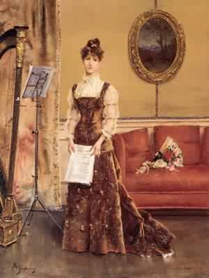 Peinture à l'huile Le Femme à la Harpe d'Aimé Stevens, grande toile haut de gamme de 36x48 pouces