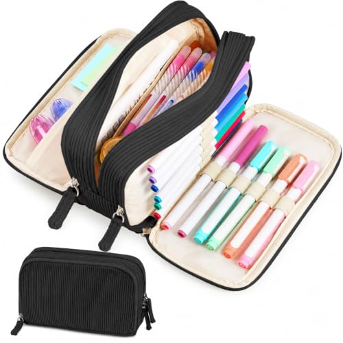 Image of Sooez Big Capacity Pencil Case Pen Pouch, Soft Corduroy Pencil Bag with 3 Compartment, Multiple Pockets, Sturdy Zipper, Cute School Supplies Pen Bag Organizer For Teen Girls College, Black