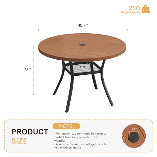 Image of VICLLAX Metal Outdoor Dining Table for 4, All Weather 40.7 inch Black Round Patio Table with Adjustable Umbrella Hole for Lawn, Garden, Balcony and Poolsides, Walnut Wood Grain Tabletop