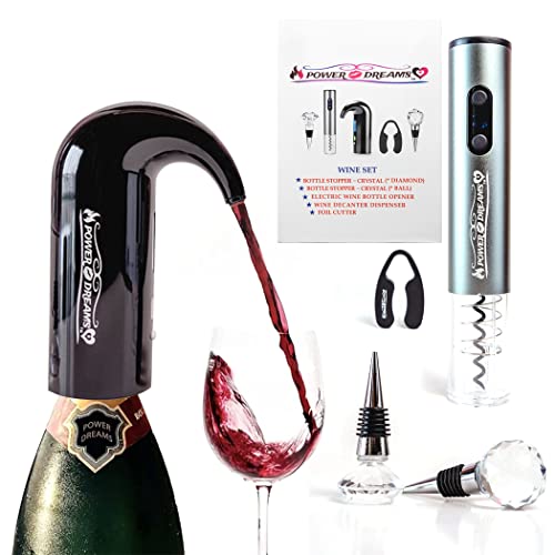 Product Image of the POWER DREAMS - WINE GIFT SET & BEST WINE BAR KIT (*5 In 1)-Wine Aerator Decanter Dispenser Pourer, Electric Bottle Opener Corkscrew, Bottle Stoppers X2, Foil Cutter, *CHRISTMAS HOLIDAY+BIRTHDAY GIFTS