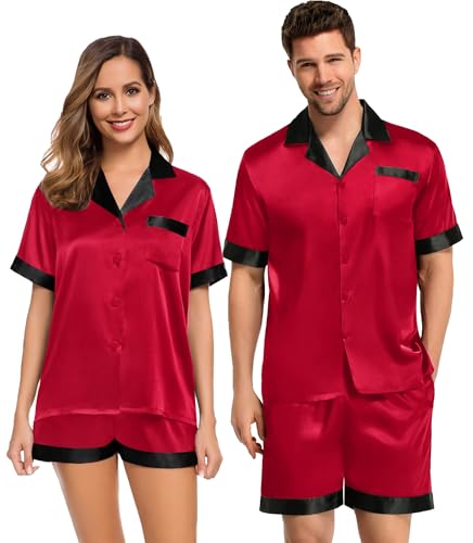 SWOMOG Couples Pajama Set Women & Men Silk Satin Short Sleeve Set Top and Shorts Sleepwear Soft Button-Down Loungewear