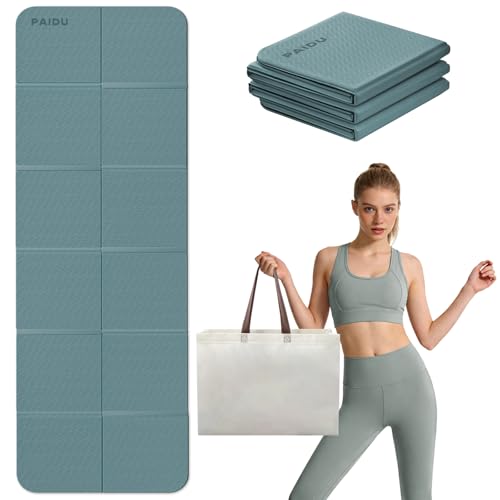 PAIDU Foldable Yoga Mat for Travel 70x24x0.31 (8MM) TPE Double-Sided Non-Slip Pilates Mat with Carrying Bag for Yoga Pilates Fitness and Home/Outdoor Workouts(Dark green + Grey)