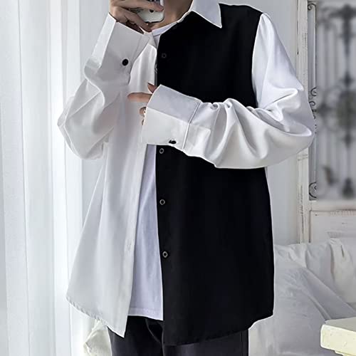 Men's Fashion Black and White Stitching Shirt Classic Contrast Shirt Casual Long Sleeve Button-Down Shirts4