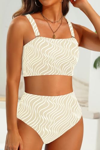 Image of High Waisted Bandeau Bikini Set - Women Strapless Two Piece Swimsuits Ribbed Longline Full Coverage Bathing Suits Swimwear