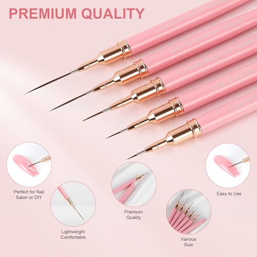 Image of Artdone Metallic Nail Art Pens, Liner Brushes Set, 5PCS Pink Nail Tools | For Long Lines, Thin Details, Fine Drawing, Liner Brush UV Gel Polish Painting Nail Design Sizes 5 /8 /12 /20 /25mm