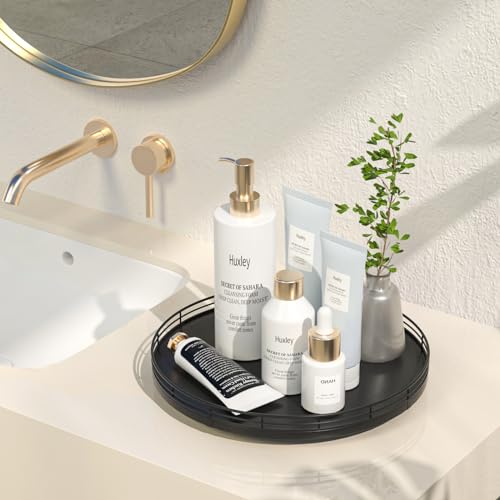 Image of 12 inch Oak Wood Bathroom Tray for Counter, Vanity Tray for Perfume Lotion Candle Makeup Jewelry Sink Soap Holder Turntable Dresser Organizer Countertop Coffee Table Decor Organization and Storage Black