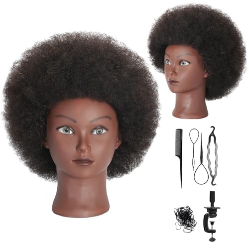 Afro Curly Mannequin Head with 100% Human Hair Curly Hair Hairdresser Hair Styling Cosmetology Manikin Head Doll head for Hairdresser Practice Styling Dye Braiding with Clamp Stand