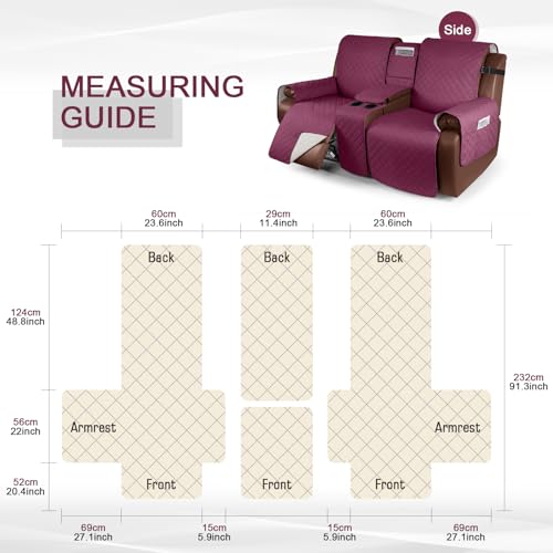 Image of KinCam 100% Waterproof Recliner Loveseat Cover with Console, Non-slip Reclining Couch Covers for 2 Seat, Recliner Sofa Cover Furniture Protector with Elastic Straps for Kids, Pets, Burgundy