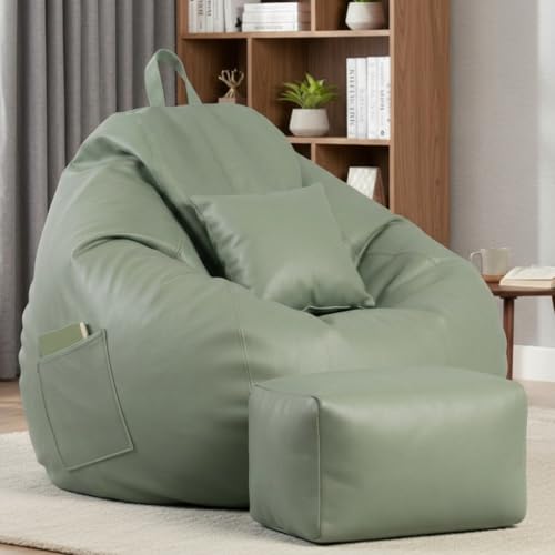Image of KAM'S LIEU 5XL Luxury Faux Leather Bean Bag with Footrest & Cushion | Pre-Filled High-Density Polystyrene Beans | Premium Leatherette | 6 Months Warranty Color- (Sage Green, Without Footrest)