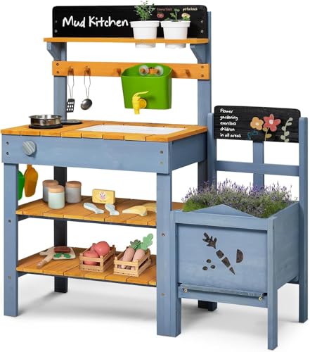 Labebe Mud Kitchen for Kids Outdoor Play Kitchen with Planter Box Removable Mud Kitchen Accessories Include Sink Sand Shovels Gardening Tools Set Outdoor Mud Kitchen for Kids Boys Girls 3-8 Years Old