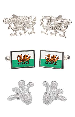 Onyx - Juego de 3 pares de gemelos para camisa de hombre, diseño de dragón galés con la bandera de Gales y plumas del príncipe de Gales, presentados en caja de regalo