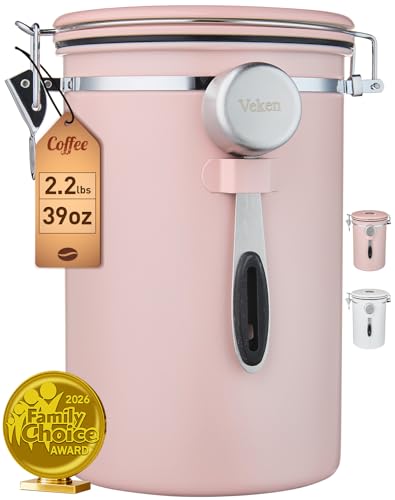 Image of Veken Coffee Canister,39OZ, 2.2lbs,Large Airtight Stainless Steel Container | Date Tracker, Kitchen Food Storage Jars for Beans, Ground, Espresso, Rice,Tea, Sugar, Cereal, Cookie,Gifts, Lids, Scoop, Pink