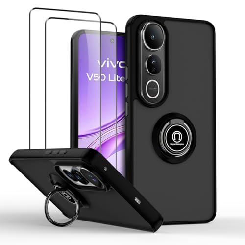 QUIETIP Case Compatible with vivo V50 Lite with Screen Protector,TPU + Hard PC Magnetic Ring Car Mount Stand Cover,Black