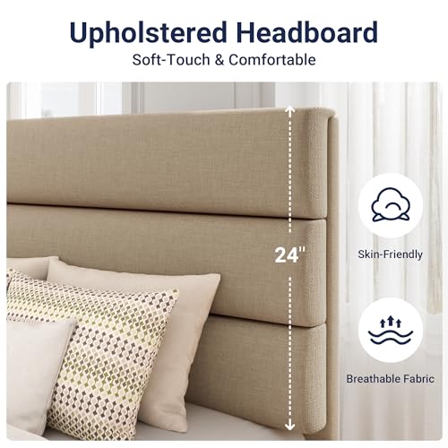 Allewie Twin Size Platform Bed Frame with Fabric Upholstered Headboard and Wooden Slats Support, Fully Upholstered Mattress Foundation/No Box Spring Needed/Easy Assembly, Beige