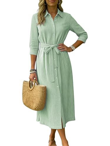 ebossy womens boho striped belted dress 34 sleeve button down side slit loose mid long shirt dress with pockets