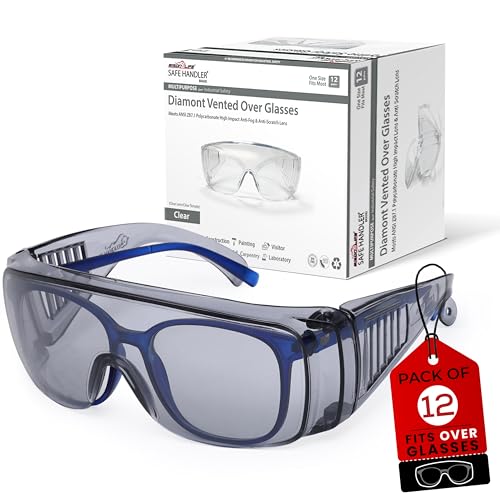 Image of SAFE HANDLER Diamont Gray Vented Over Glasses Safety Glasses, 12 Pack | ANSI Z87.1 & CE EN 166 Certified Impact Resistant, Fit over Prescription Goggles for Men & Women - Work, Lab & Industrial