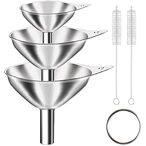 Kitchen Funnel Set of 3 for Filling Bottles, 3 Pcs Food Grade Stainless Steel Metal Funnels for Kitchen Use, Essentail Oil, Spices, Liquid,Flask, Perfume, 2 Pcs Cleaning Brushes Cover