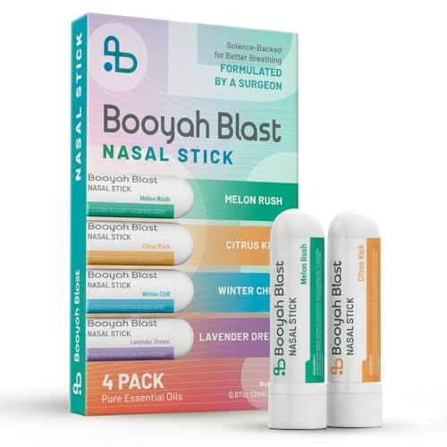 BOOYAH BLAST Upgraded Nasal Inhaler Stick 4 Pack Nasal Stick with Menthol and Pure Essential Oils Portable Nasal Inhaler for Cooling Refresh Winter Chill Citrus Kick Lavender Dream Melon Rush