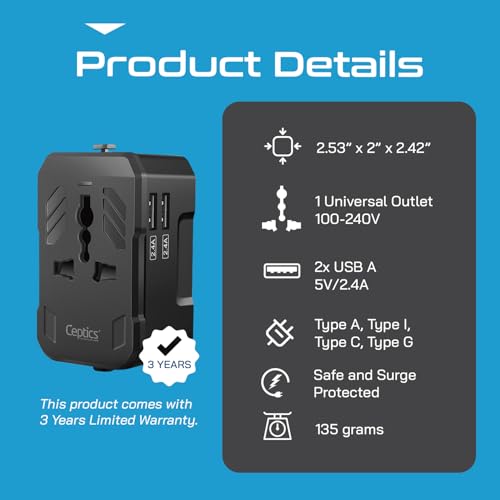 Image of Ceptics 3 in 1 Universal Charger Adapter - Universal Travel Adapter All in One with 2 USB-A Ports (2.4A), 100-250V Compatibility - Compact International Travel Adapter (White)