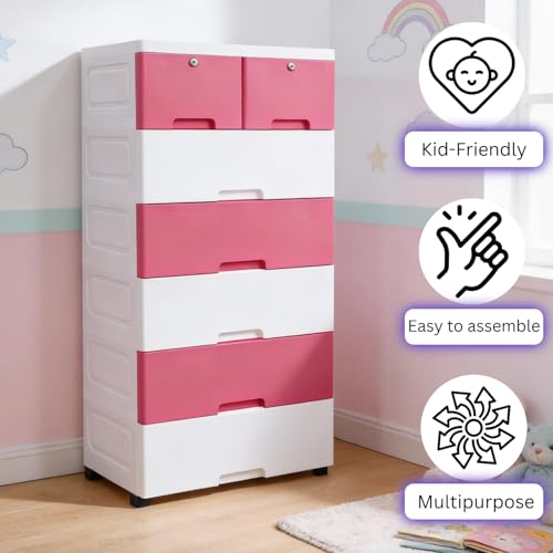 Image of The Tickle Toe 7-Drawer Plastic Chest for Kids | Multipurpose Organizer & Wardrobe for Clothes & Toys with Locks | Portable Storage Cabinet, 51L x 33W x 121H cm (Pink & White)