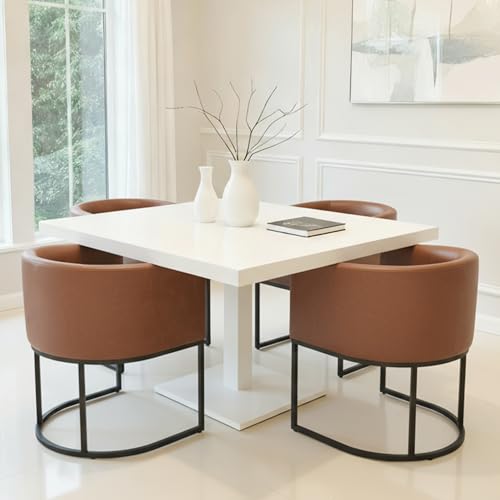 Image of HNY Mid Century Modern Upholstered Barrel Dining Chair with Arms, Leather Kitchen & Dining Room Chair, 18.5 inch Wide Accent Chair for Dining Room Living Room with Black Metal Frame, Brown
