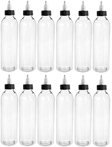 8 Ounce Cosmo Round Bottles, PET Plastic Empty Refillable BPA-Free, with Black/Natural Twist Top Caps (Pack of 12) (Clear)