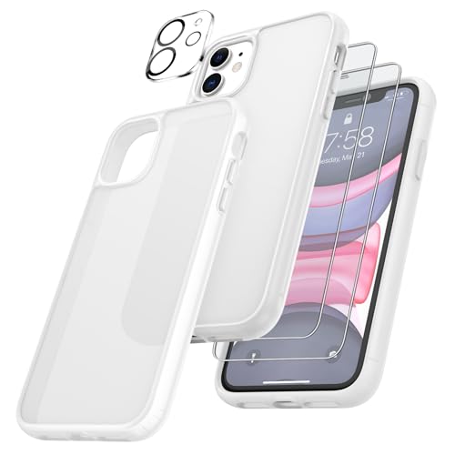 FLLAO 4 in 1 Cover per iPhone 11 con 2 vetro temperato e 1 fotocamera protettiva, [cuscino d'aria integrato] antiurto antigraffio antiurto protezione custodia per iPhone 11 6.1', bianco opaco