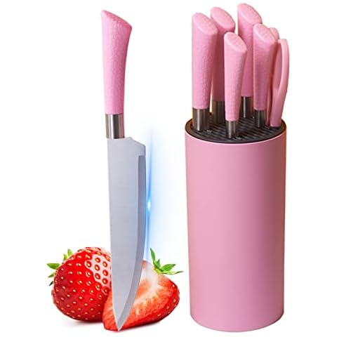 Kitchen Knife Set, Retrosohoo 7-Pieces Pink Non-stick Chef Knife Set with Storage Block, PP Handle Ultra Sharp Stainless Steel Cooking Knives with Gift Box for Girls Women (Pink) Cover