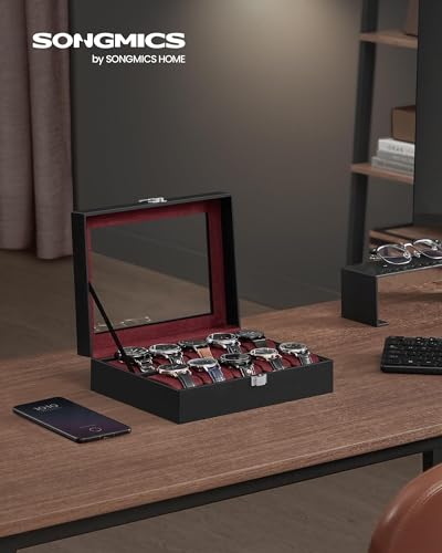 Image of SONGMICS Watch Box, 10-Slot Watch Case Organizer with Large Glass Lid, Removable Pillows, Gift for Loved Ones, Black Synthetic Leather, Wine Red Lining UJWB010R01