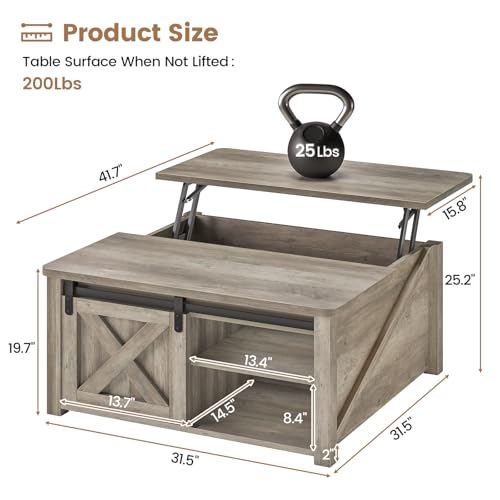 Image of SEDETA 31.5 inch Lift Top Coffee Table with Storage, Square Coffee Tables for Living Room, Farmhouse Coffee Table with Large Hidden Storage Compartment and Adjustable Shelves, Grey