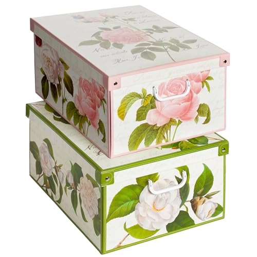 Lavatelli Collection Rosa Camellias Decorative Storage Boxes with Lids and Handles – Set of 2 Cardboard Boxes for Clothes, Toys, Home or Office Organisation, Color 6 - Cosy Home Interiors Lavatelli Collection Rosa Camellias Decorative Storage Boxes with Lids and Handles – Set of 2 Cardboard Boxes for Clothes, Toys, Home or Office Organisation, Color 6