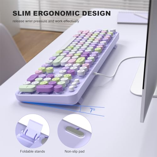 Image of MOFII Colorful Computer Keyboard Wired, Cute Full Size Keyboard Typewriter Style, USB Keyboard with Foldable Stands for Windows, Laptop, Desktop, PC (Purple Colorful)