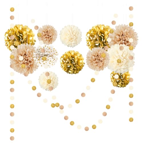 Image of NICROHOME Engagement Party Decorations, 15PCS Gold White Tissue Paper Pom Poms, Dots Paper Garland String Hanging Backdrop for Golden Wedding Anniversary, Baby Shower, New Year's Eve Party Supplies