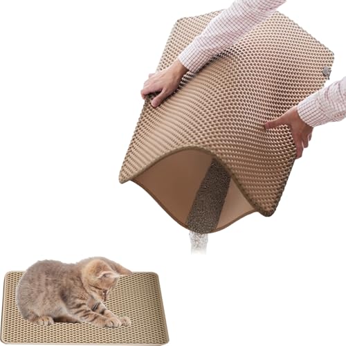 45 X 60 CM Cat Litter Mat Honeycomb Double Layer Litter Tray Mat Nonslip Waterproof Litter Box Mat Soft on Paws Litter Catcher Mats Large Hole Cat litter Trapper Easy to Clean (Beige)
