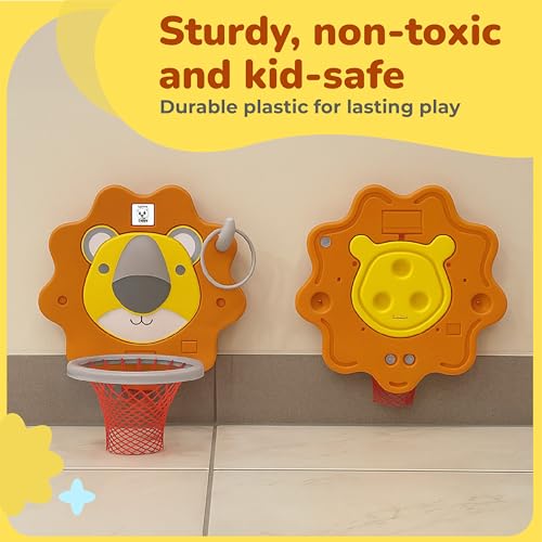 Image of Lifelong Cuppy Lion Kids Basketball Hoop & Ring Toss Game Set for 2-5 Years | Wall Mounted Foldable Lion Board with Ball, Pump & Rings| Indoor Outdoor Sports Toy for Boys & Girls (LLCBS01)