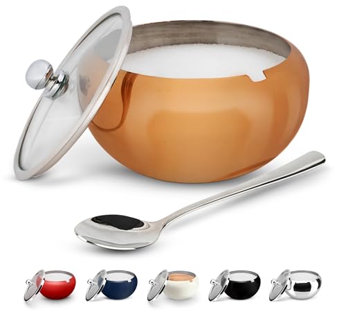 KooK Sugar Bowl, Sugar Bowl with Lid and Spoon, Sugar Container with Lid, for Salt, Coffee, Holds 2 Cups, Dishwasher Safe, Copper, 16 Oz