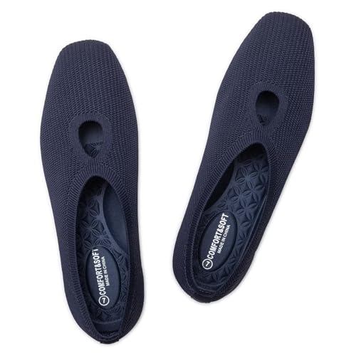 Frank Mully Women's Knit Flats Teardrop Upper Square-Toe Style Shoes Lightweight Flats for Women Comfortable Slip on Flats for Work Wedding Office2