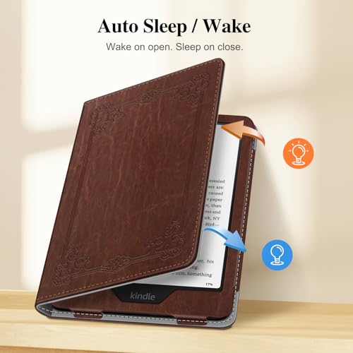 Fintie Case for 7"/6.8" Kindle Paperwhite(12th/11th Generation-2024/2021) and Kindle Colorsoft - Book Style Folio Durable Vegan Leather Cover with Auto Sleep/Wake, Brown by FINTIE - Used condition - Image 3