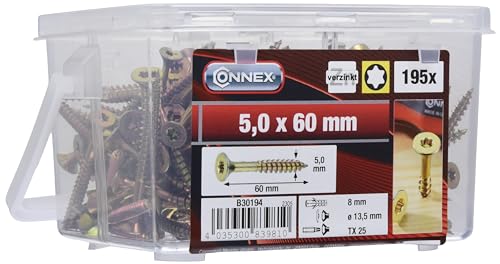 Connex Universalschrauben 5,0 x 60 mm - 195 Stück im Set - Senkkopf - TX-Antrieb - Teilgewinde - Gelb verzinkt / Schrauben-Set / Schrauben… – Ansicht 4