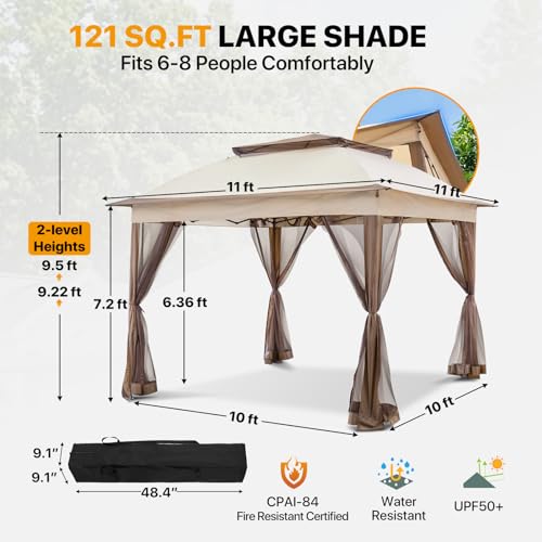 COOS BAY 11x11 Pop Up Gazebo with Mesh Netting, Instant Outdoor Canopy Tent, Water Resistant Shelter with UPF 50+ UV Protection, 121 Sq Ft Coverage, Beige - Image 4