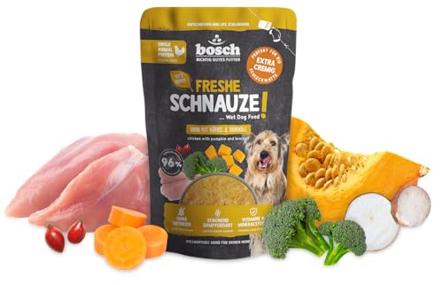 Bosch Freshe Schnauze, Huhn mit Kürbis und Brokkoli 1 x 250 g, Schonend Dampfgegartes Nassfutter für Hunde, Vollwertiges Alleinfuttermittel mit hohem Fleischgehalt, 250 g Hundenassfutter