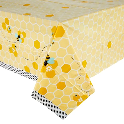 Image of BLUE PANDA Bee Tablecloth Set 3-Pack - 54 x 108 in Multicolor Plastic - Disposable Bee Party Supplies Table Cover for Birthday, Baby Shower & Gender Reveal - Bumblebee Honeycomb Party Decorations