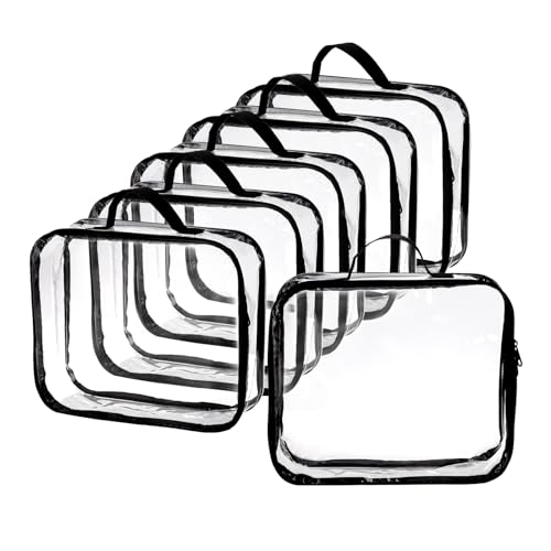 Fasmov 6 Pack Large Clear Travel Packing Cube See-Through PVC Organizer Vinyl Zippered Storage Bags Multipurpose Pouch with Handle for Suitcase Pants Cashmere Sweaters Shirts Dress Storage