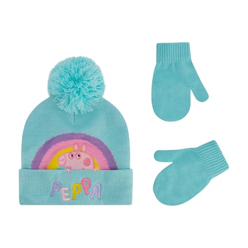 Peppa Pig Kids Beanie Hat and Gloves Set, Toddler Cuffed Winter Knit Cap with Pom and Matching Mittens, Teal Blue, One Size