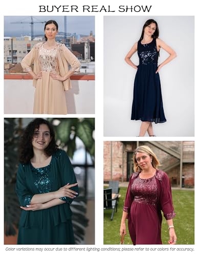 Image of GRACE KARIN Formal Wedding Guest Dress Sequin Mother of The Bride Dresses | Two Piece,3 /4 Sleeve,Tea Length,Crew Neck,Fit and Flare,Chiffon,Suitable for Spring /Summer /Fall /Winter /Cocktail /Party /Prom