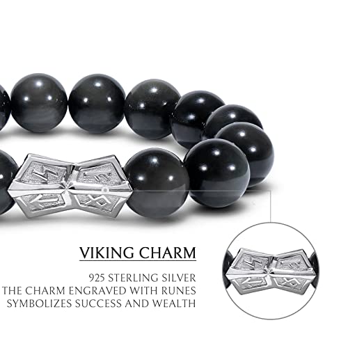 AWNL® Men's Beaded Bracelet with Sterling Silver Engraved Runes Charm 12mm Bronzite Dumortierite Obsidian Natural Gemstone Gift for Men, 6.1''-7.9''4